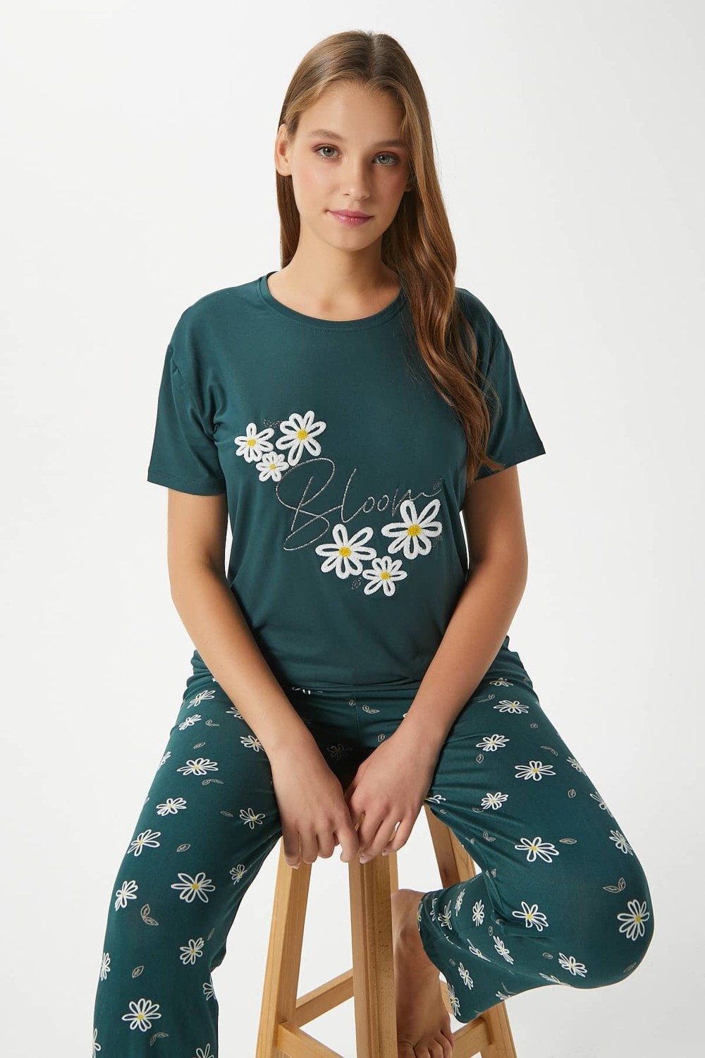 Ritnice Kadın Beautiful Yumuşak Doku Pudra Bisiklet Yaka Kısa Kollu Alt Üst Pijama Takımı görsel 8