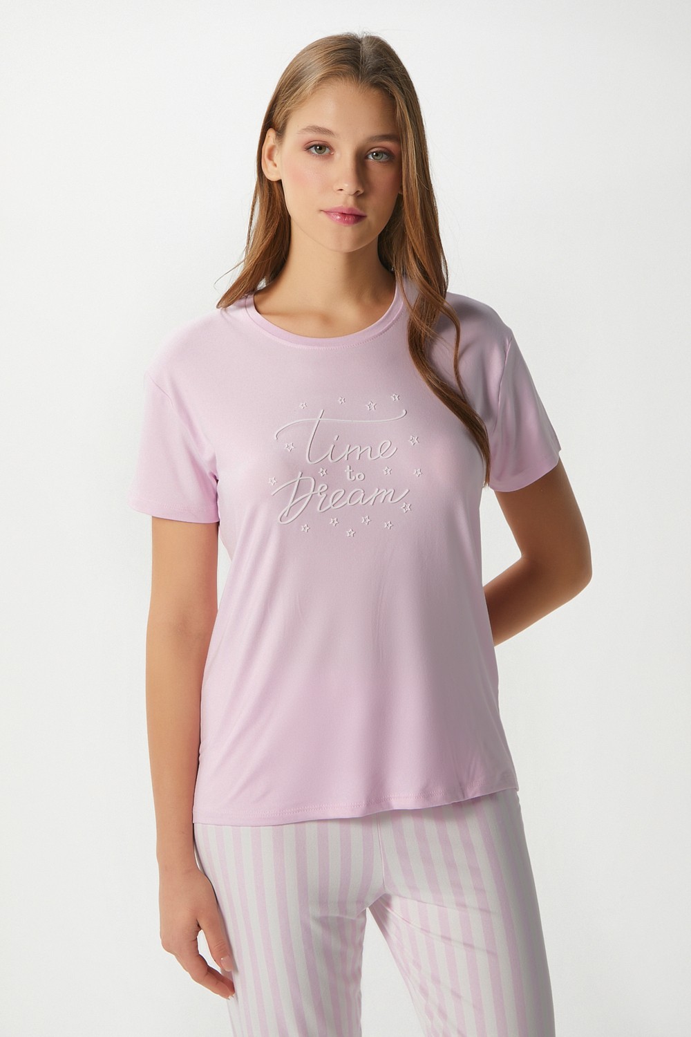 Ritnice Kadın Time Yumuşak Doku Pembe Çizgili Bisiklet Yaka Kısa Kollu Alt Üst Pijama Takımı