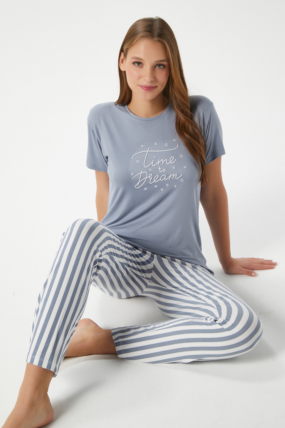 Ritnice Kadın Beautiful Yumuşak Doku Pudra Bisiklet Yaka Kısa Kollu Alt Üst Pijama Takımı