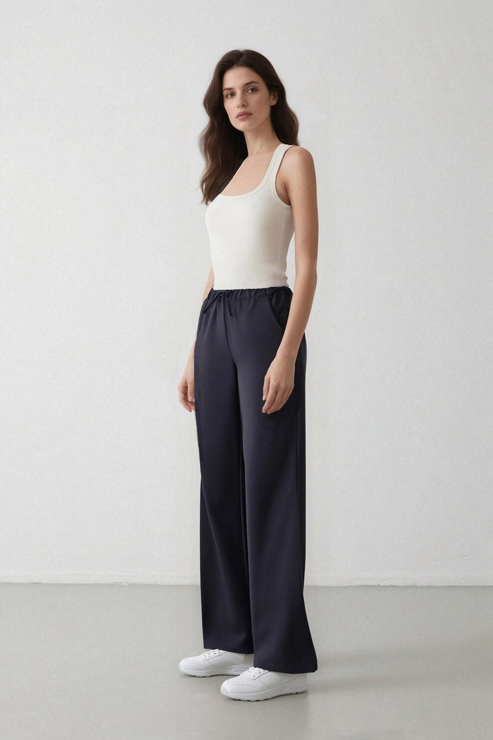 DeFacto Wide Leg Geniş Paça Beli Lastikli Bağcıklı Basic Düz Palazzo Pantolon C5628AX25SP görsel 3