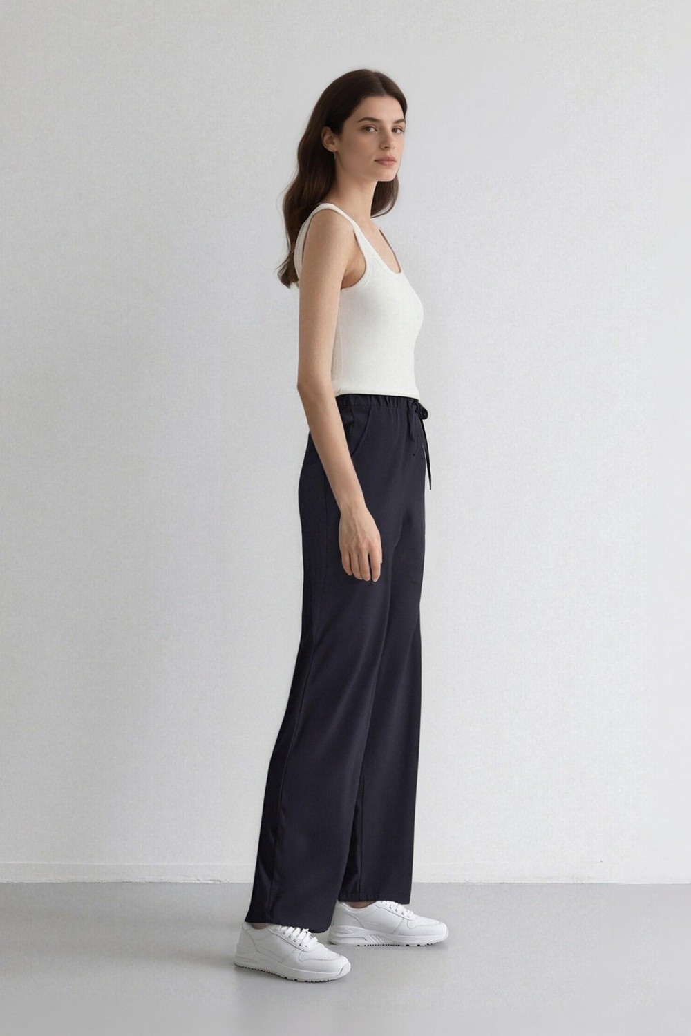 DeFacto Wide Leg Geniş Paça Beli Lastikli Bağcıklı Basic Düz Palazzo Pantolon C5628AX25SP görsel 5