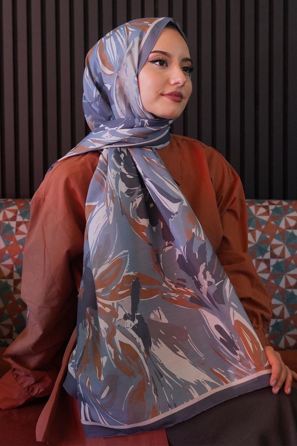 Afvente Zambak Çiçek Desen Siyah Soft Pamuk Şal görsel 6
