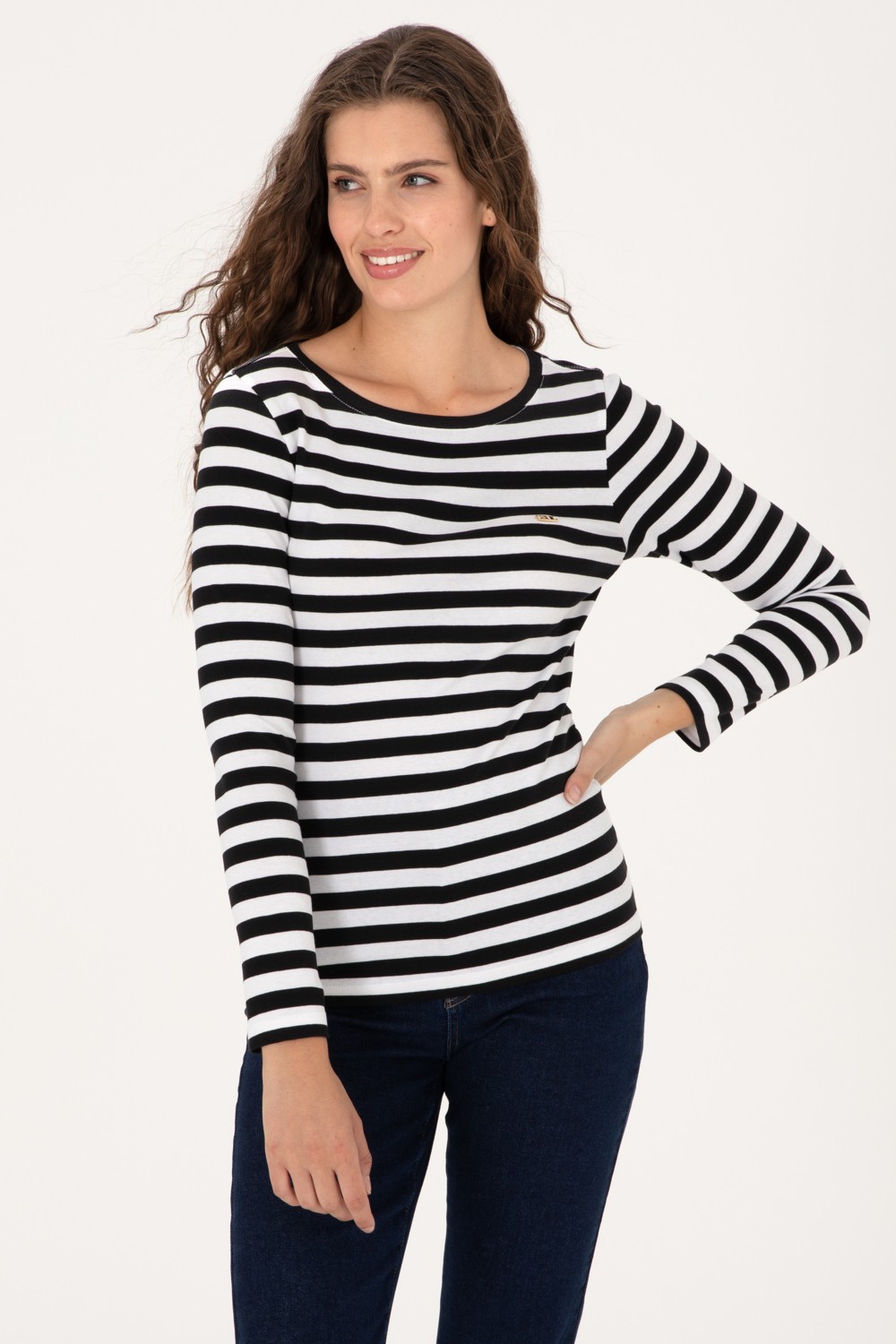 U.S. Polo Assn. Kadın Siyah Çizgili Bisiklet Yaka Sweatshırt 50314203-VR046