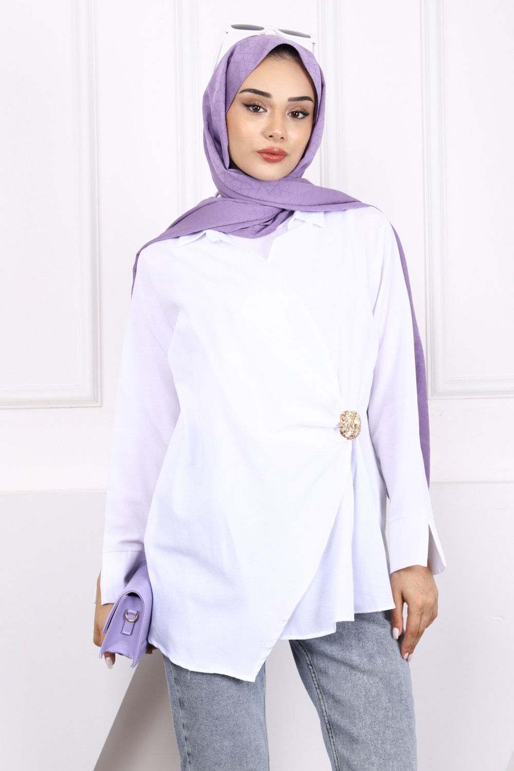 İmaj Butik Beyaz Toka Detaylı Kimono