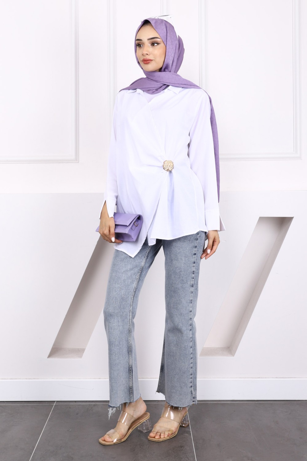 İmaj Butik Beyaz Toka Detaylı Kimono görsel 2