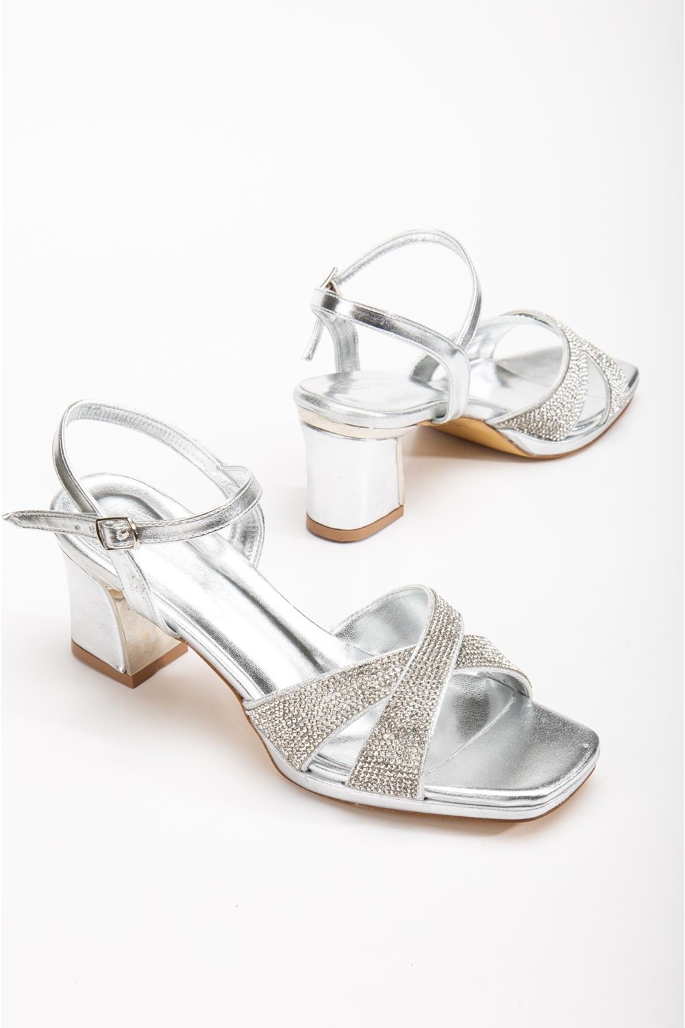 Suins Shoes Suins Juny Kadın Önü Taşlı Galvaniz Topuklu Abiye Ayakkabı görsel 3