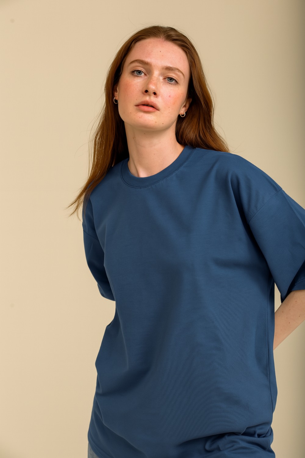 Guaraz Kadın Lacivert Oversize Bisiklet Yaka %100 Organik Pamuk Düz Basic Yazlık T-Shirt