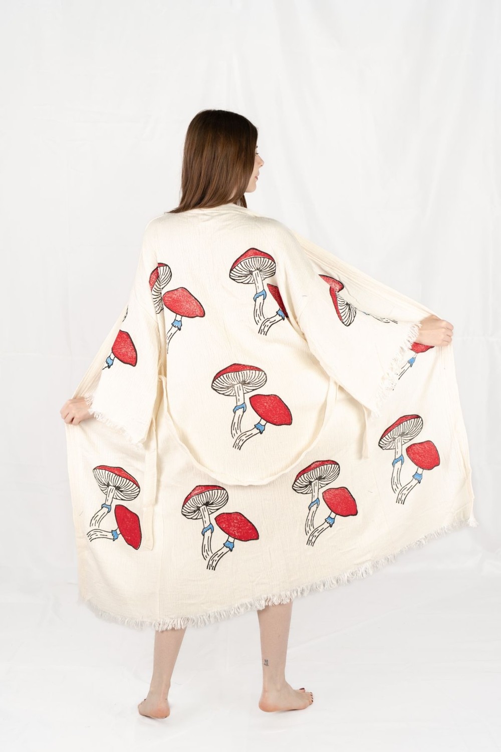 Befera Design Müslin Kimono %100 Pamuklu Mantar Baskılı Desenli Bornoz Kaftan Sabahlık