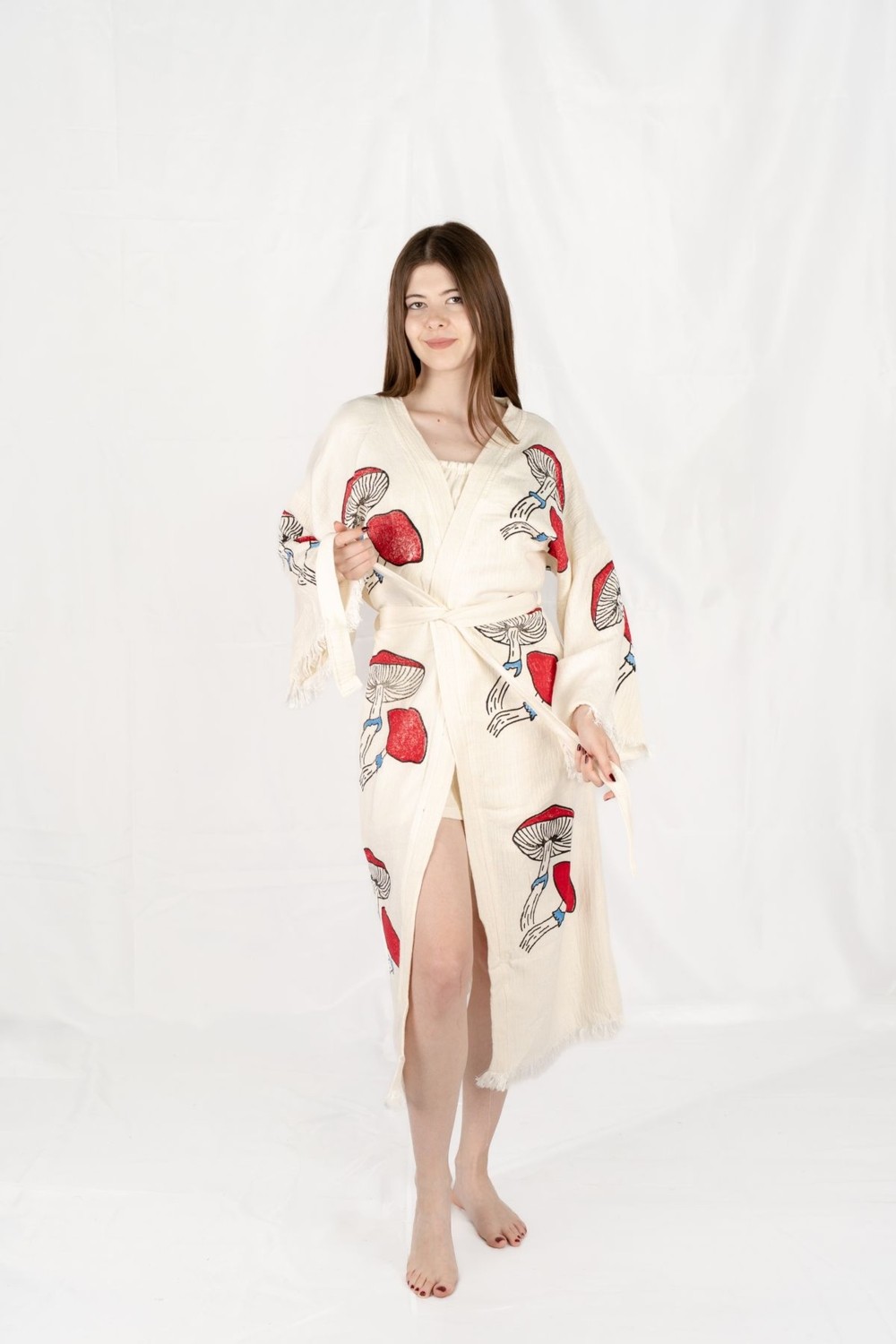 Befera Design Müslin Kimono %100 Pamuklu Mantar Baskılı Desenli Bornoz Kaftan Sabahlık görsel 2