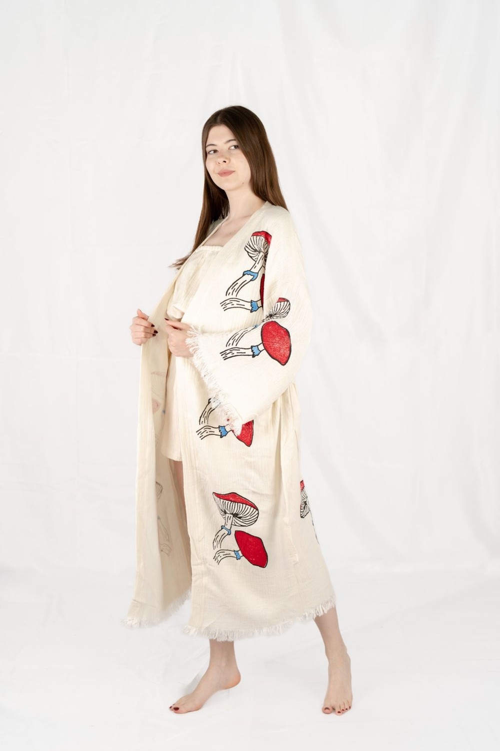 Befera Design Müslin Kimono %100 Pamuklu Mantar Baskılı Desenli Bornoz Kaftan Sabahlık görsel 3