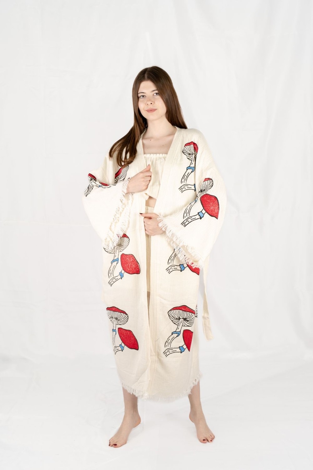 Befera Design Müslin Kimono %100 Pamuklu Mantar Baskılı Desenli Bornoz Kaftan Sabahlık görsel 4