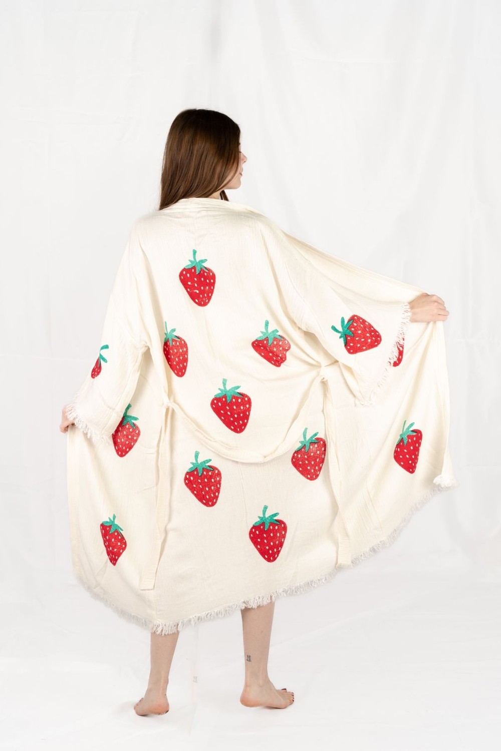 Befera Design Müslin Kimono %100 Pamuklu Çilek Baskılı Desenli Bornoz Kaftan Sabahlık