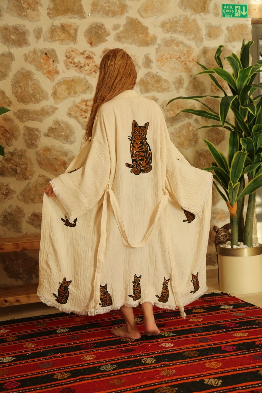 Befera Design Müslin Kimono %100 Pamuklu Kedi Baskılı Desenli Bornoz Kaftan Sabahlık