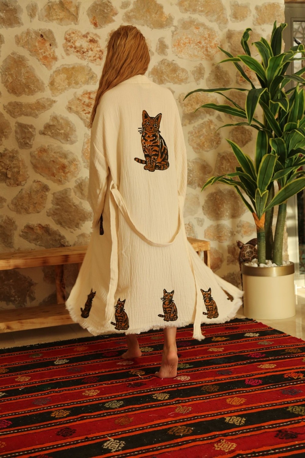 Befera Design Müslin Kimono %100 Pamuklu Kedi Baskılı Desenli Bornoz Kaftan Sabahlık görsel 3