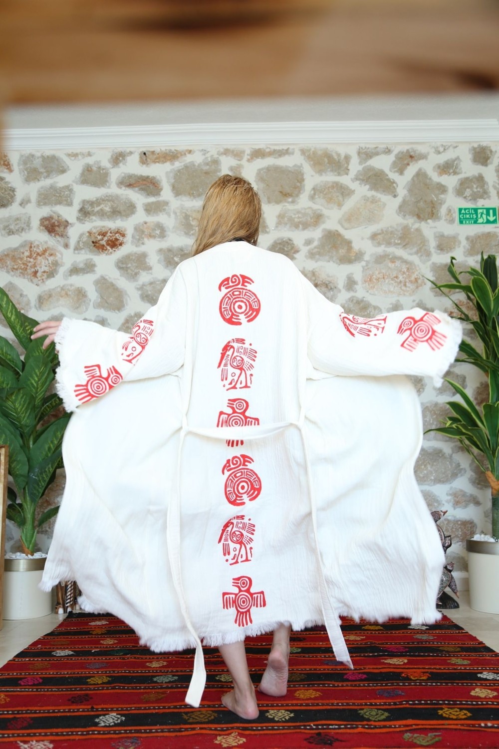 Befera Design Müslin Kimono %100 Pamuklu Bohem Sembol Baskılı Desenli Bornoz Kaftan Sabahlık