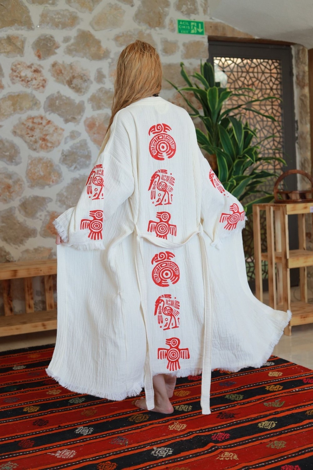 Befera Design Müslin Kimono %100 Pamuklu Bohem Sembol Baskılı Desenli Bornoz Kaftan Sabahlık görsel 3