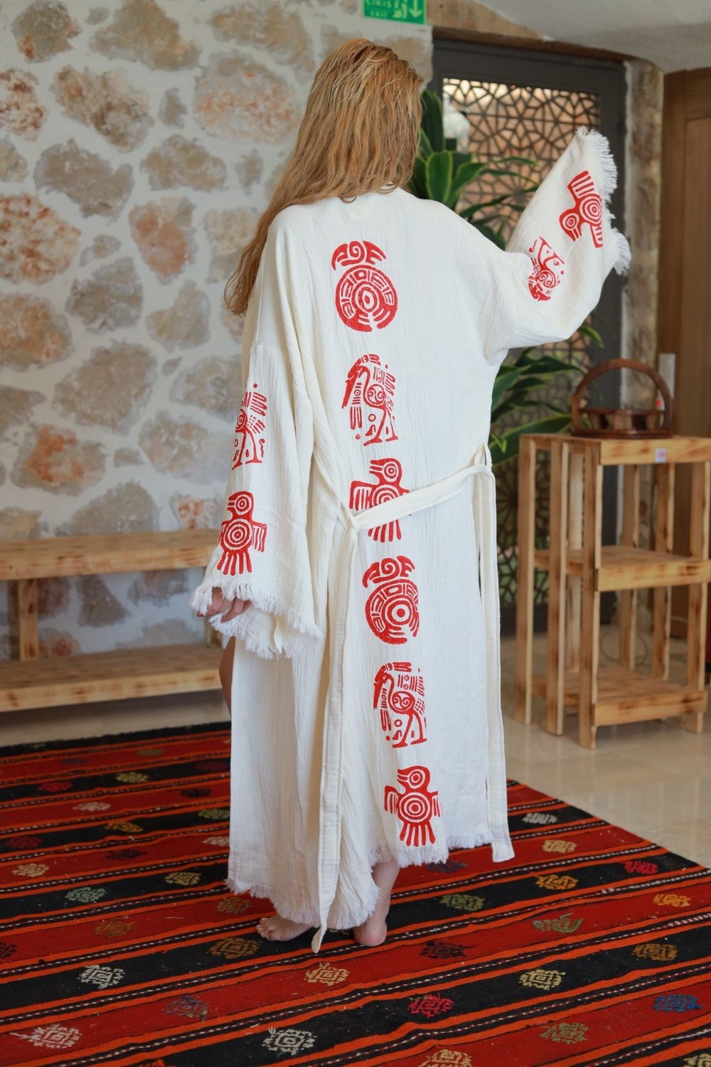 Befera Design Müslin Kimono %100 Pamuklu Bohem Sembol Baskılı Desenli Bornoz Kaftan Sabahlık görsel 5