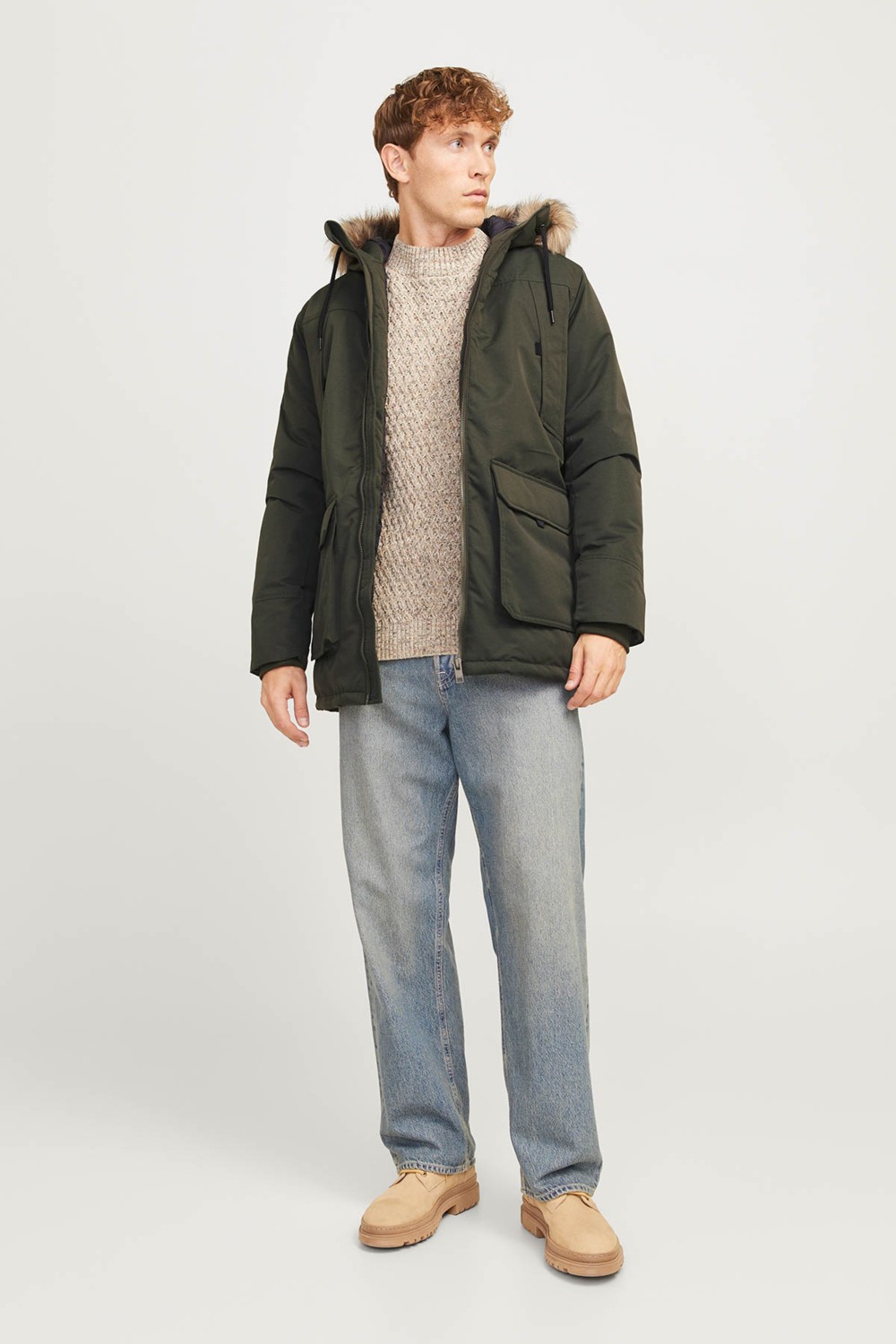 Jack & Jones JJECONSTRUCT FAUX FUR PAR Haki Erkek Uzun Kaban görsel 4