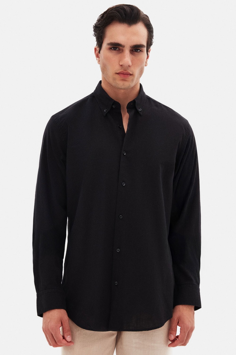 D'S Damat Ds Damat Comfort Lacivert Düğmeli Yaka Rahat Kesim Keten Görünümlü Pamuk Gömlek 2HC02ORT64265