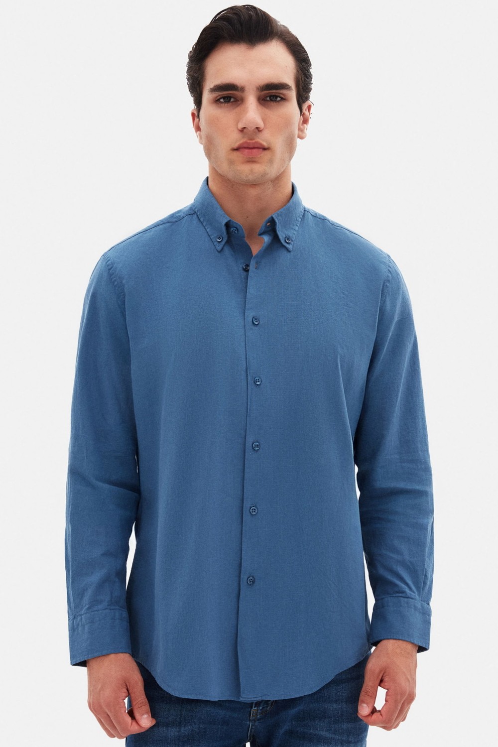 D'S Damat Ds Damat Comfort Lacivert Düğmeli Yaka Rahat Kesim Keten Görünümlü Pamuk Gömlek 2HC02ORT64265