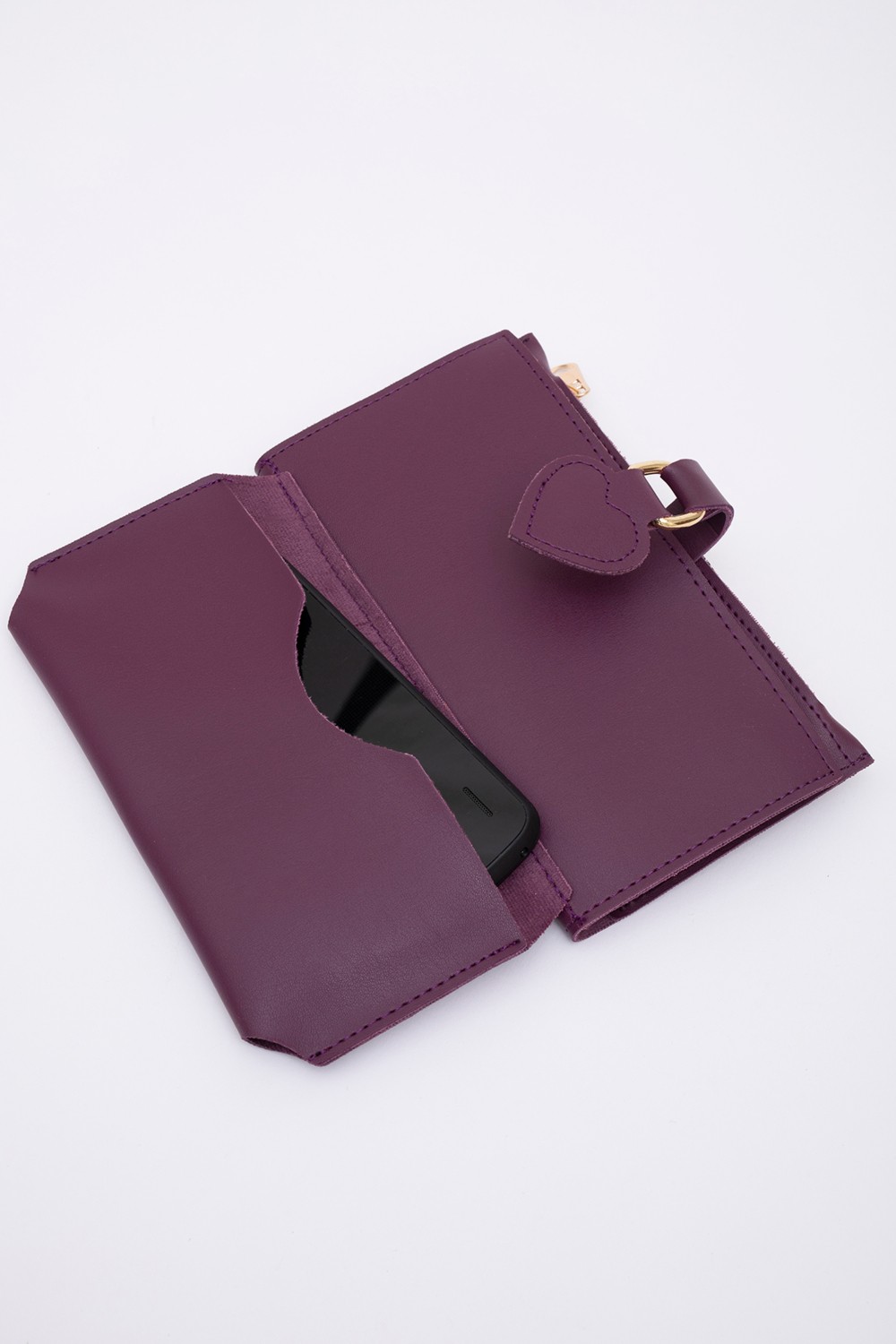 SHAKA Siyah SHK65 Yumuşak Suni Deri Kalpli Çıtçıtlı Telefon Bozuk ve Kağıt Para Bölmeli Kartlıklı Cüzdan görsel 3