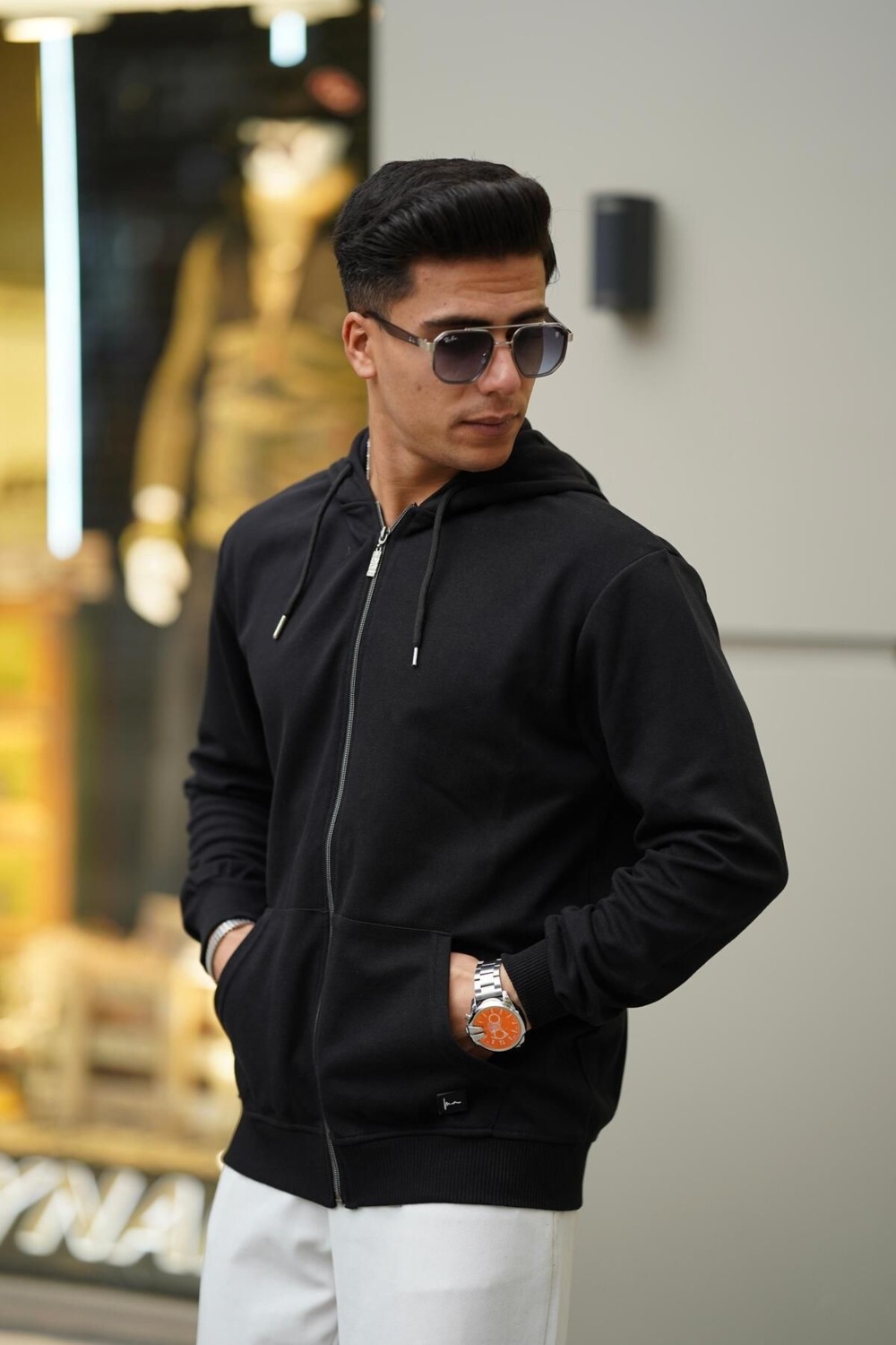 Ing Drop Erkek Yumuşacık Kumaşlı Fermuarlı Nakışlı Kapüşonlu Siyah Sweatshirt