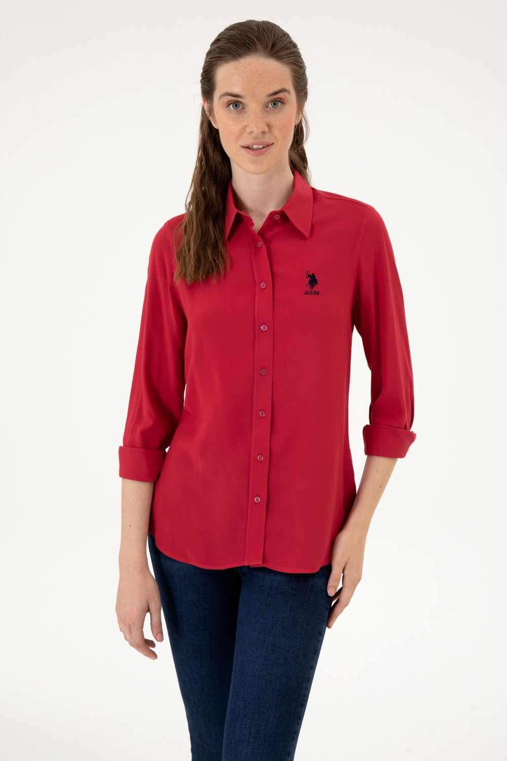U.S. Polo Assn. Kadın Vişne Uzun Kollu Gömlek 50316429-VR104 görsel 8