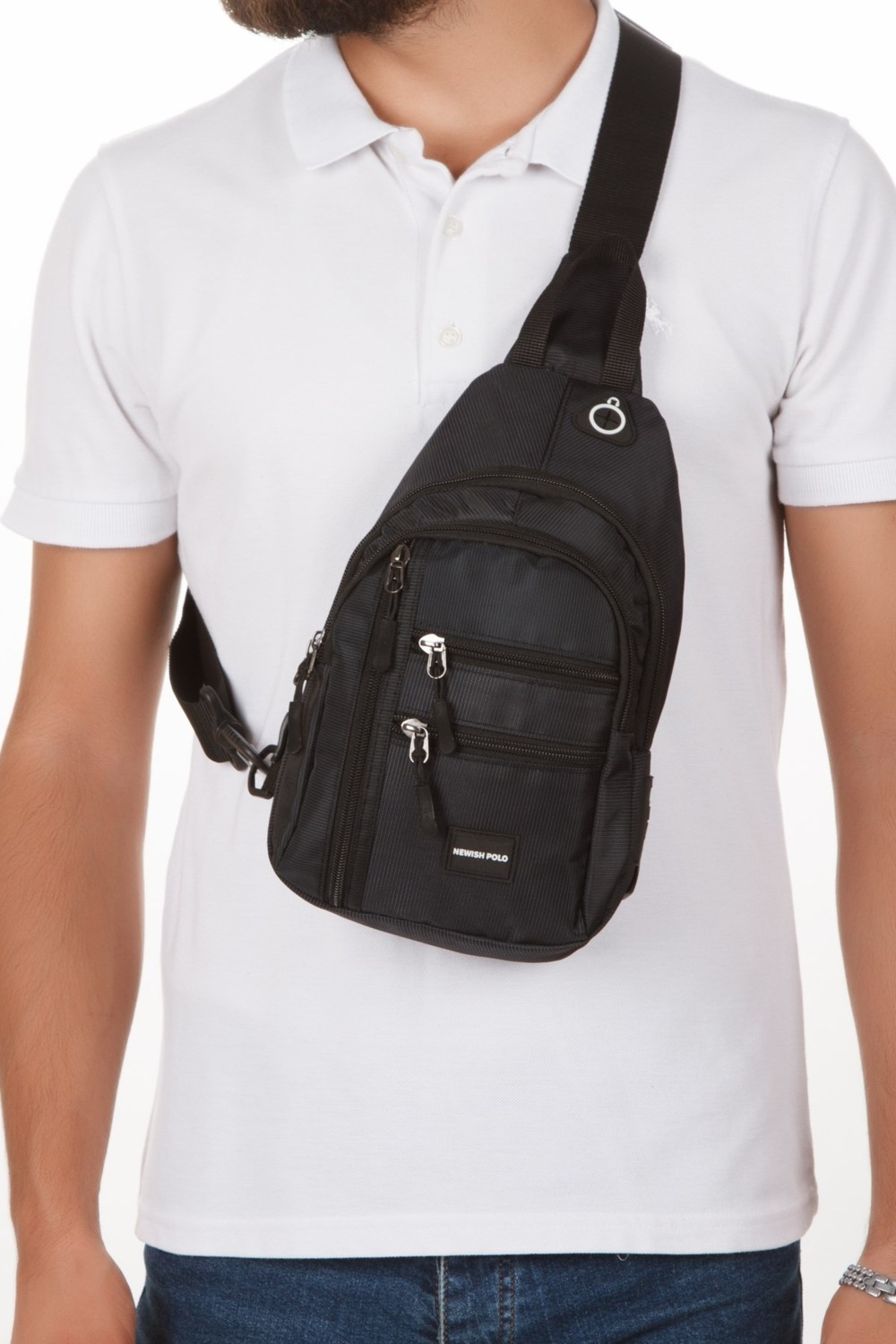 Newish Erkek Kumaş USB Kulaklık Çıkışlı Bodybag Göğüs ve Omuz Çantası NEW172 - Siyah - Mavi
