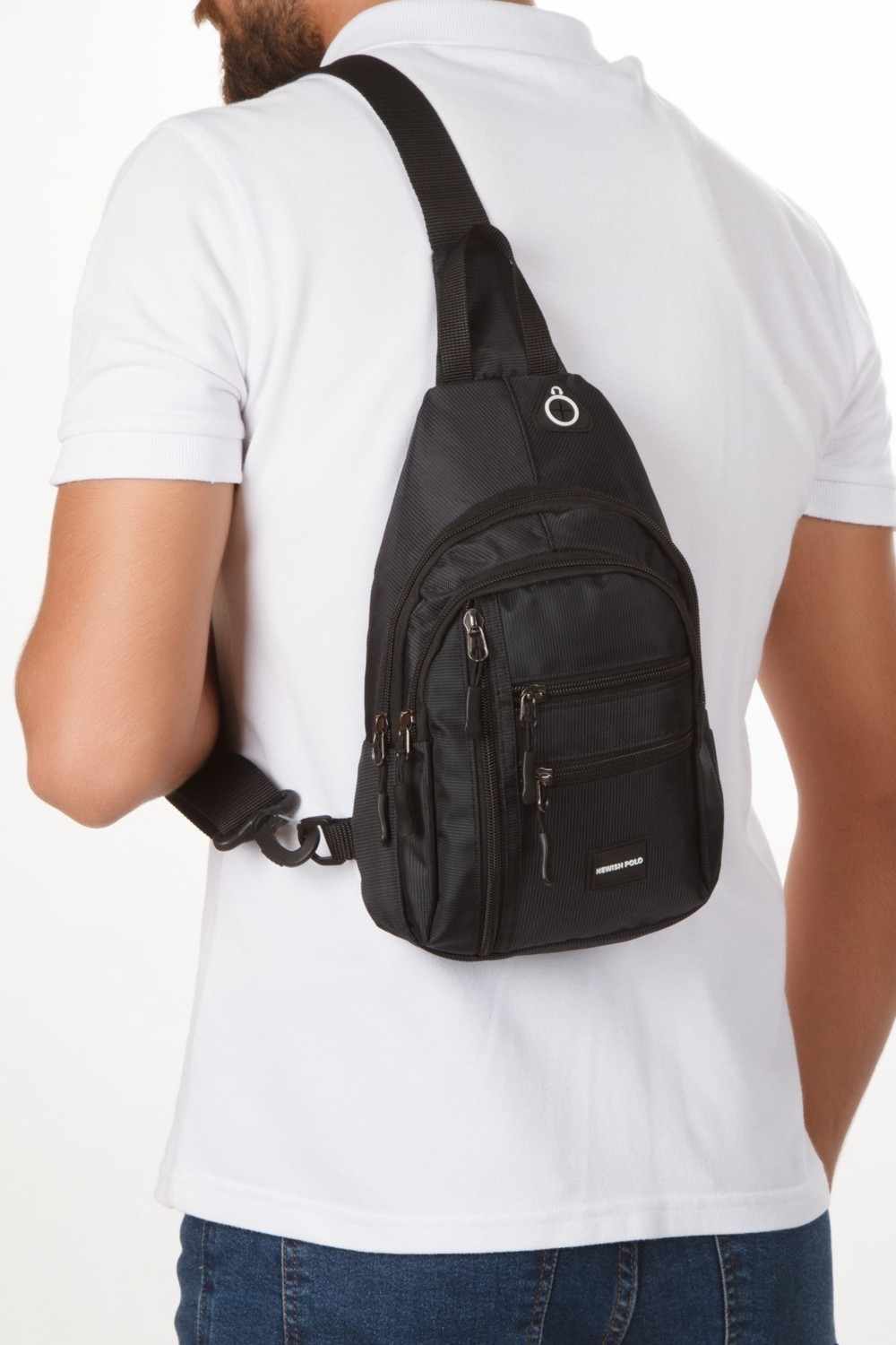 Newish Erkek Kumaş USB Kulaklık Çıkışlı Bodybag Göğüs ve Omuz Çantası NEW172 - Siyah - Mavi görsel 7