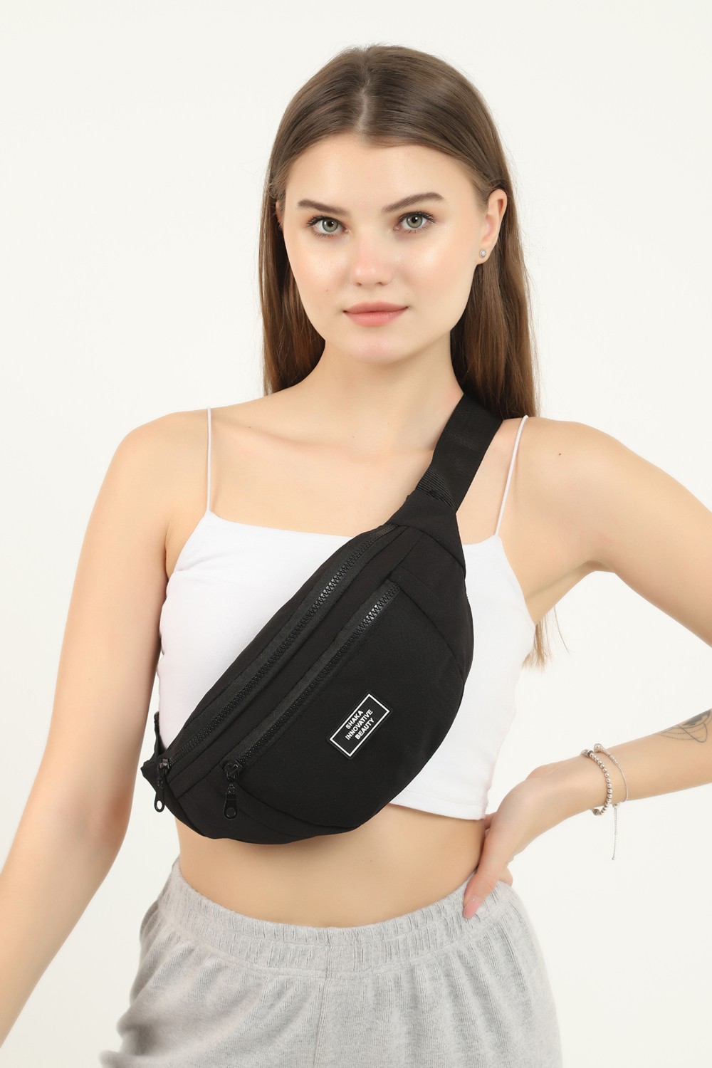 SHAKA Siyah U8 Kanvas Kumaş, Fermuarlı ,2 Bölmeli , Ayarlanabilir Askılı Unisex Bel ve Omuz Çantası