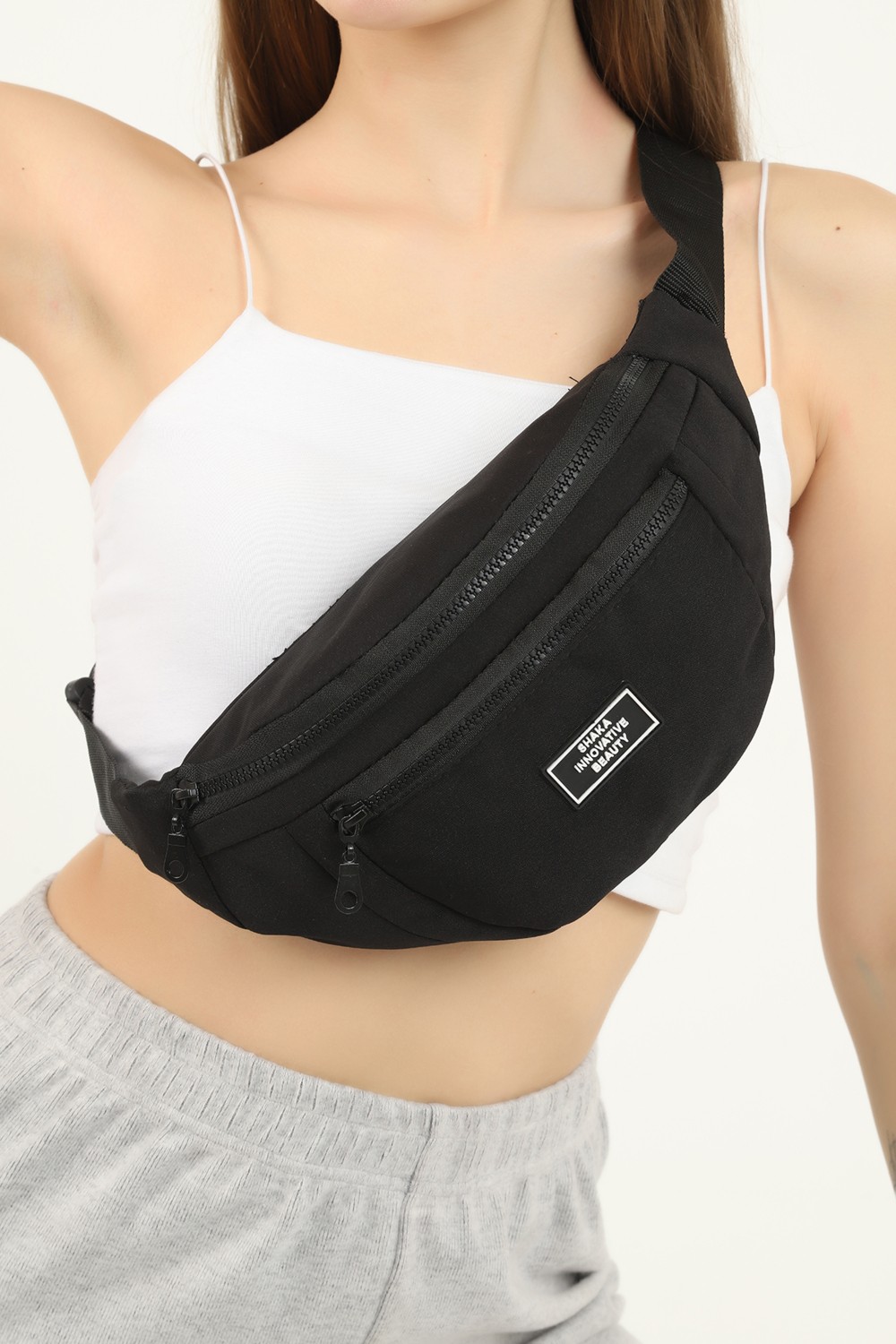 SHAKA Siyah U8 Kanvas Kumaş, Fermuarlı ,2 Bölmeli , Ayarlanabilir Askılı Unisex Bel ve Omuz Çantası görsel 3