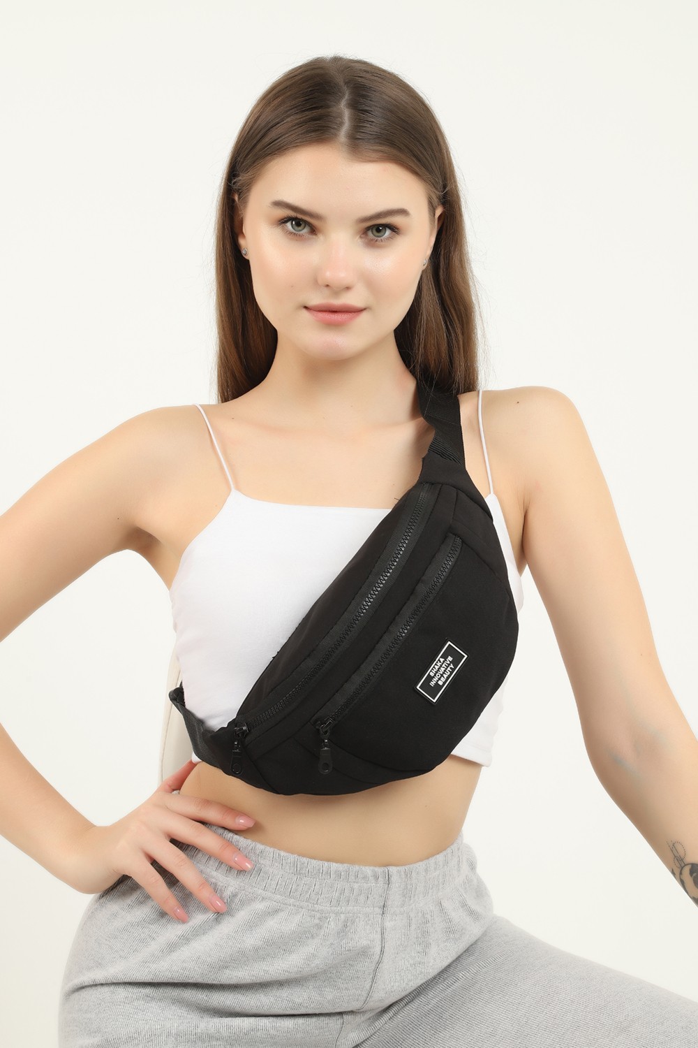 SHAKA Siyah U8 Kanvas Kumaş, Fermuarlı ,2 Bölmeli , Ayarlanabilir Askılı Unisex Bel ve Omuz Çantası görsel 4