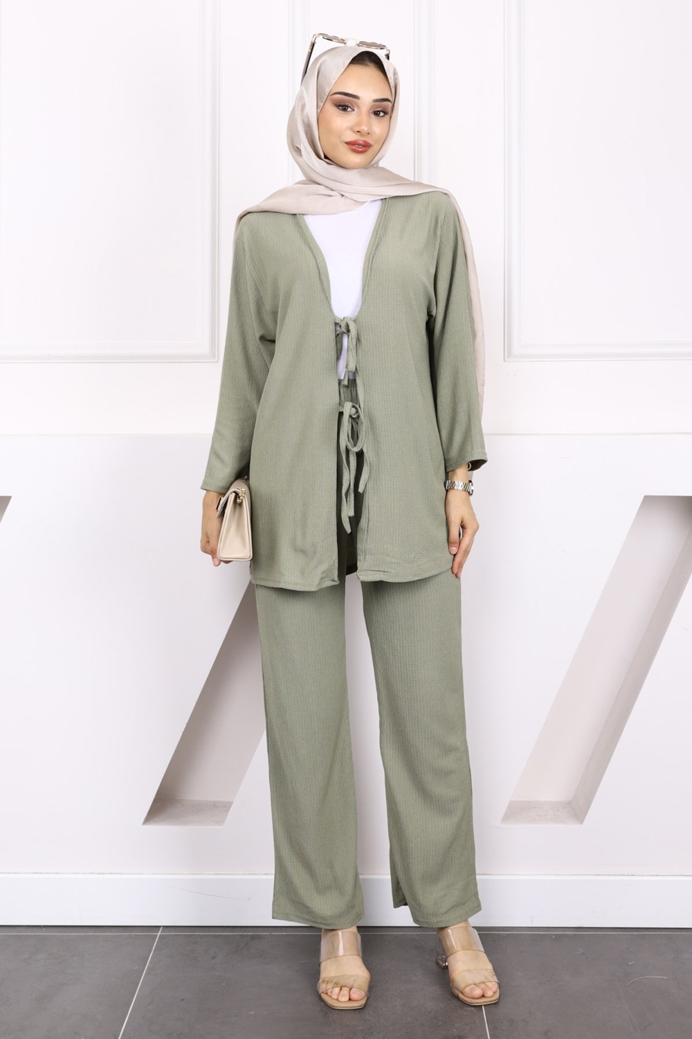 İmaj Butik Taş Ön Bağlamalı Bürümcük Kimono Pantolonlu Takım