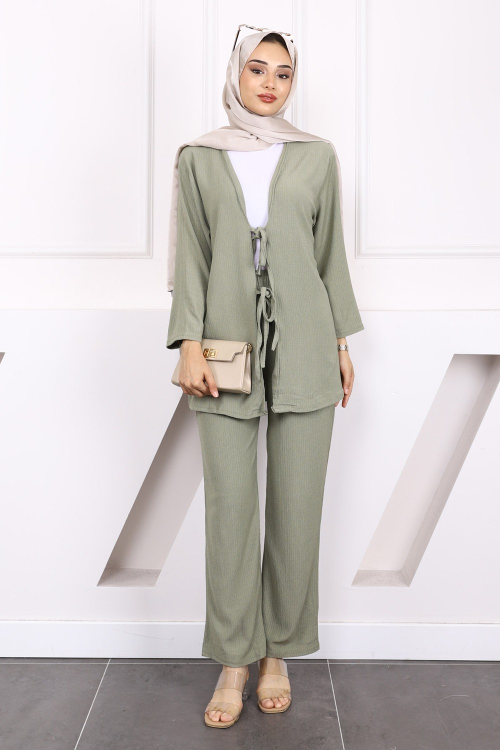 İmaj Butik Taş Ön Bağlamalı Bürümcük Kimono Pantolonlu Takım görsel 2
