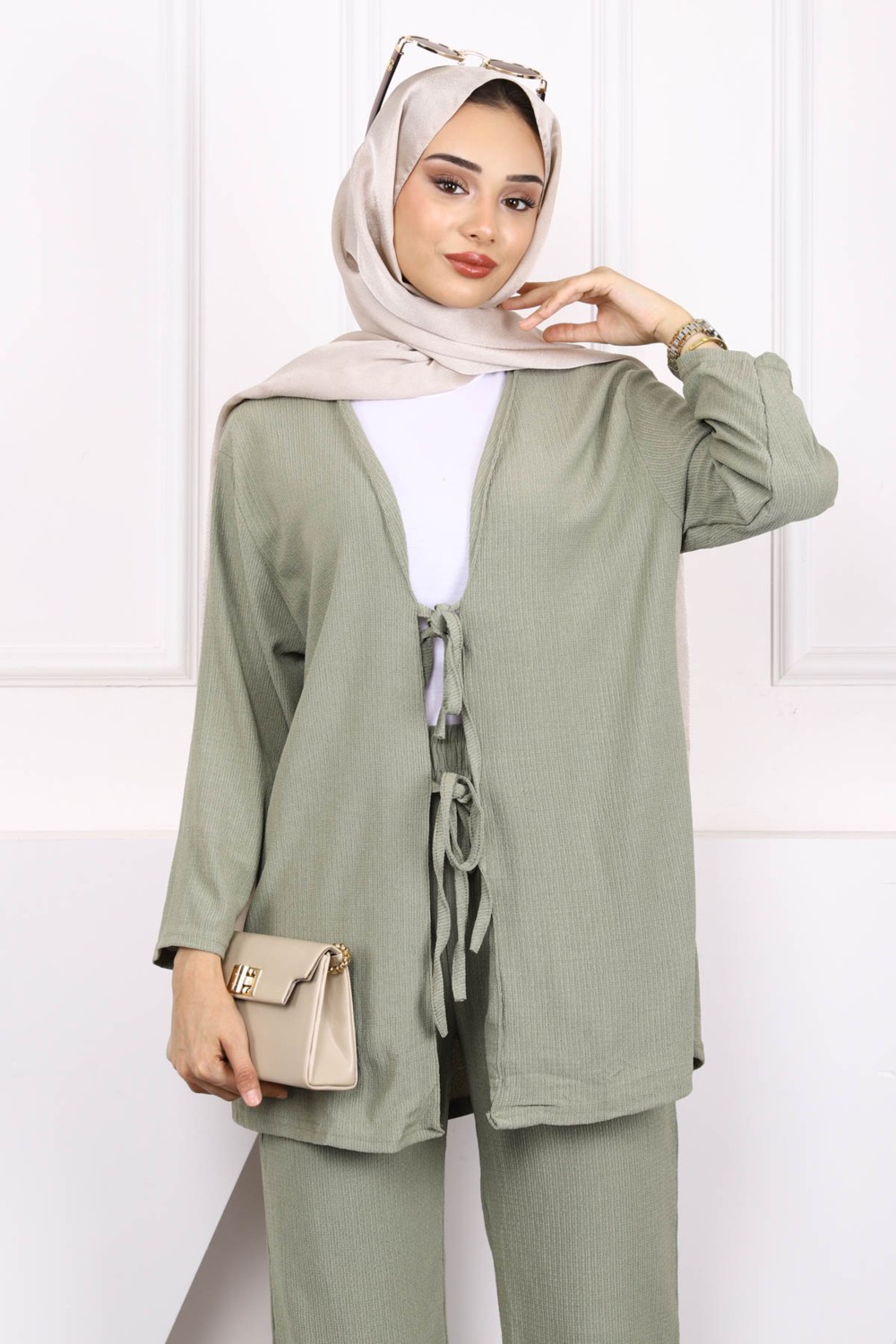 İmaj Butik Taş Ön Bağlamalı Bürümcük Kimono Pantolonlu Takım görsel 3