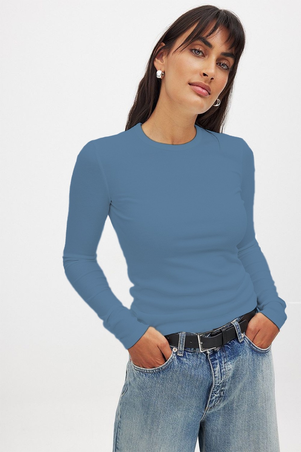 CHEISU Kadın Beyaz Uzun Kollu Bisiklet Yaka T-shirt Bluz Kaşkorse Fitilli