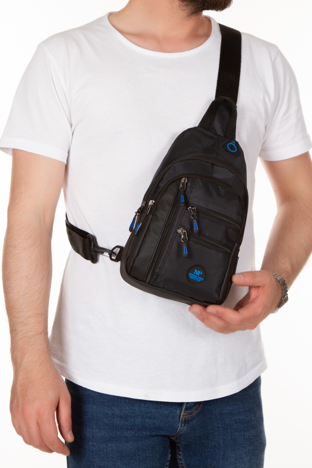Newish Polo Erkek Kumaş USB Kulaklık Çıkışlı Bodybag Göğüs ve Omuz Çantası newpolo172 - Siyah - Mavi görsel 6