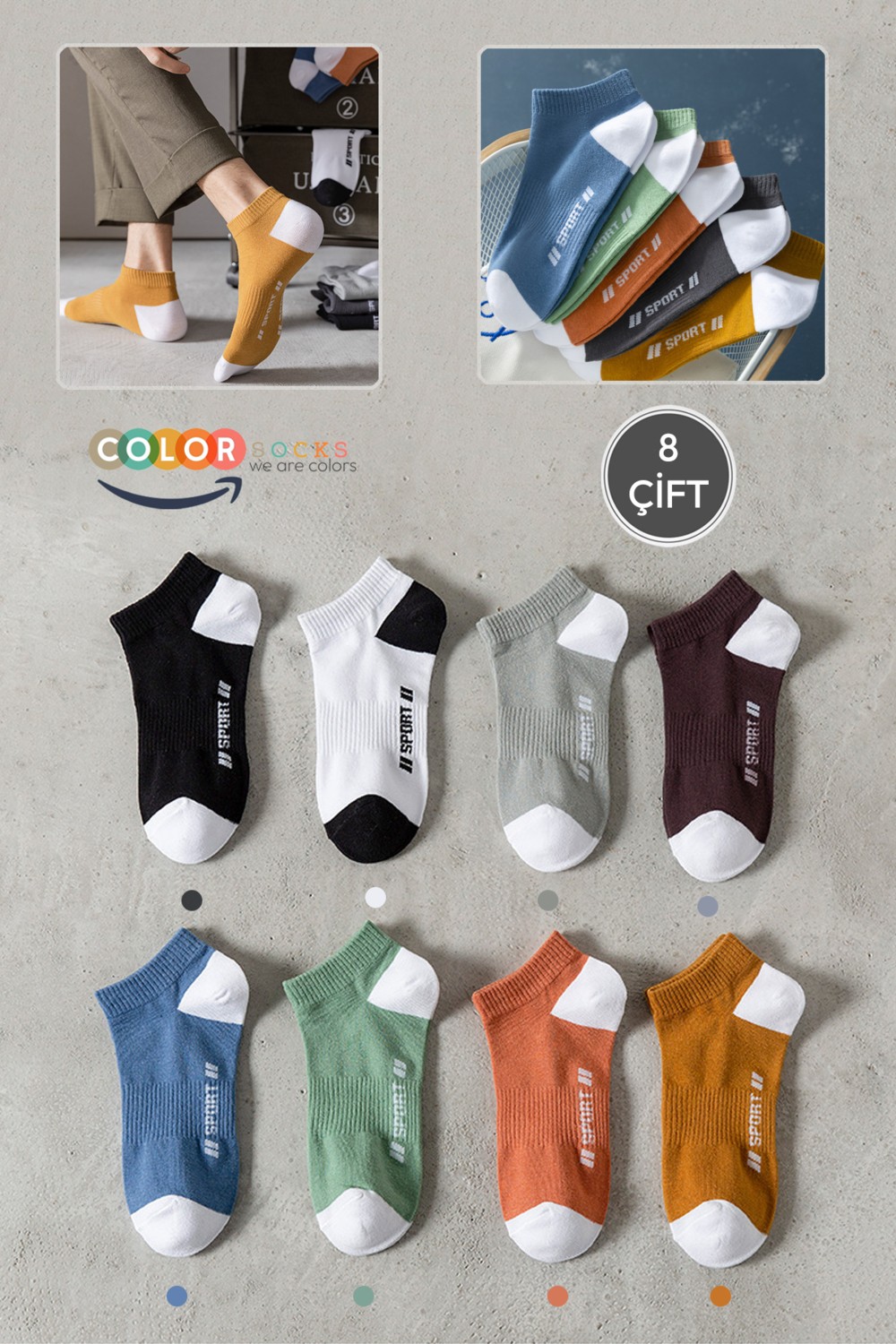 Color Socks 8 Çift Erkek Sport Patik Çorap Seti