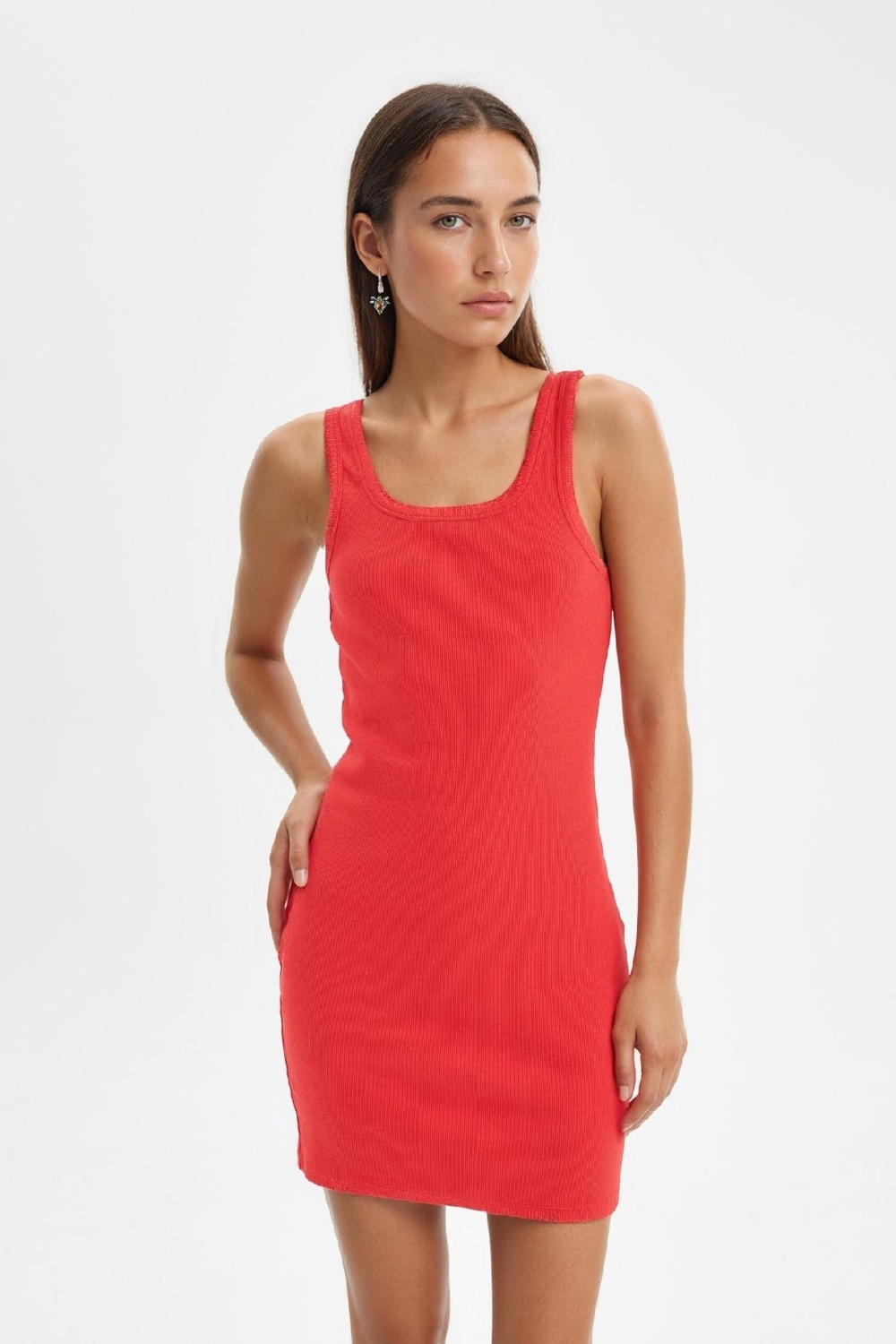 DeFacto Coool Bodycon Vücudu Saran Basic Fitilli Kaşkorse Mini Beyaz Elbise A0732AX24SM görsel 8