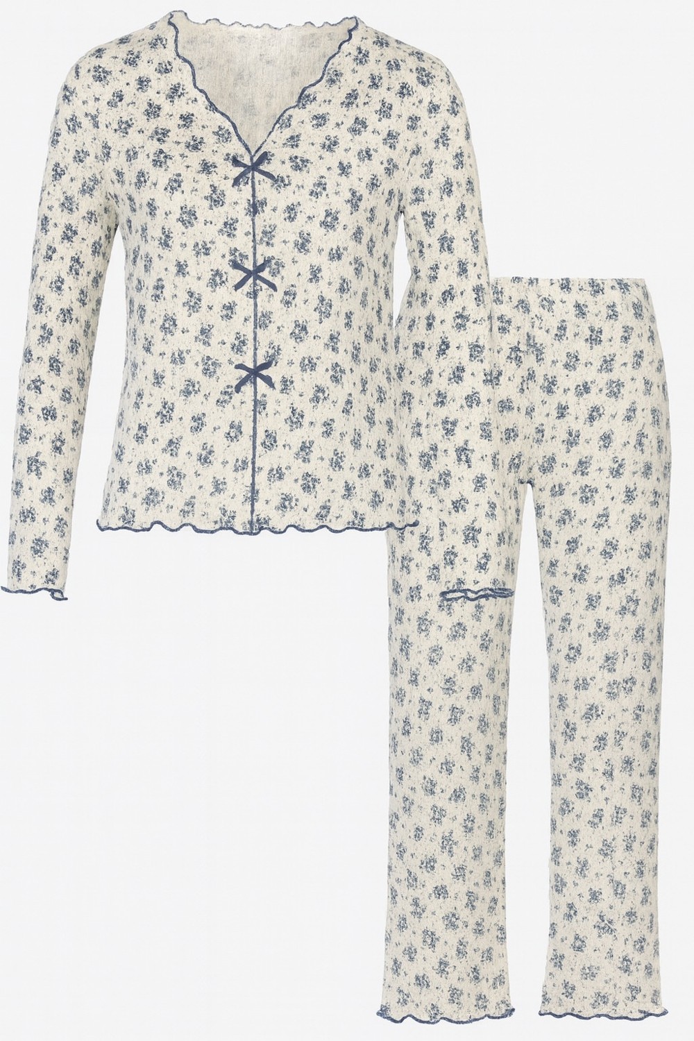 Koza İç Giyim Kadın Pamuklu Çıtır Çiçek Desenli Baby Overloklu Fiyonklu Uzun Kollu Pijama Takımı