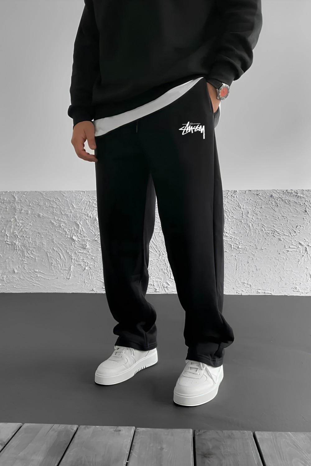 The Rule Stüssy Baskılı Baggy Siyah Yazlık 3 Iplik Bol Kesim Düz Paça Mevsimlik Eşofman Altı RF0510