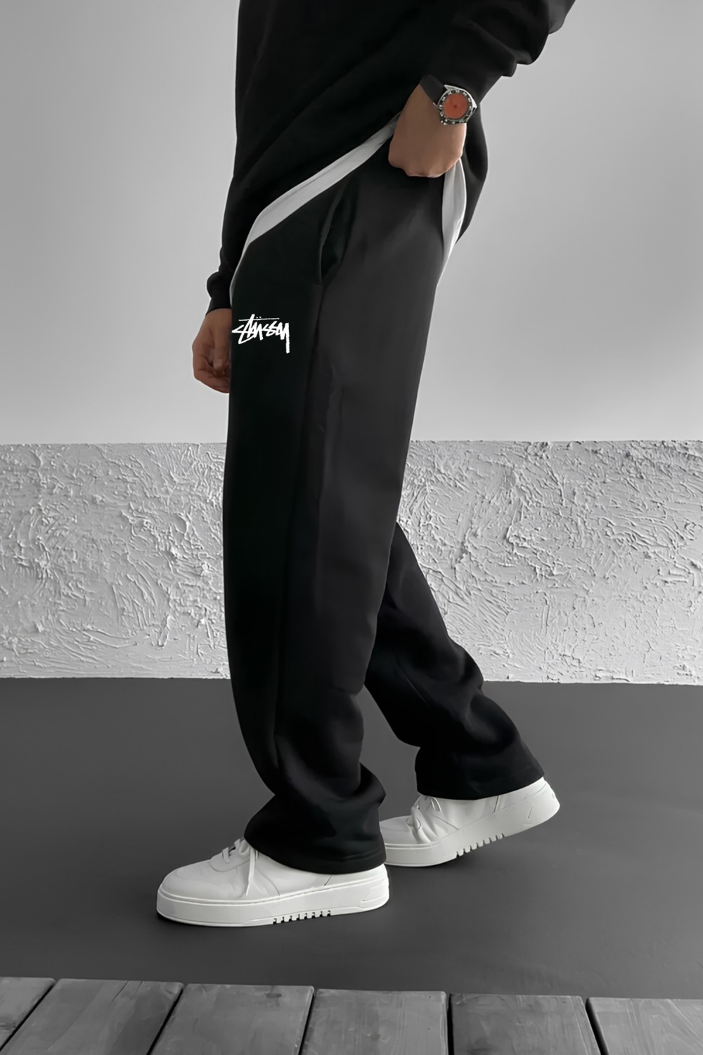 The Rule Stüssy Baskılı Baggy Siyah Yazlık 3 Iplik Bol Kesim Düz Paça Mevsimlik Eşofman Altı RF0510 görsel 2
