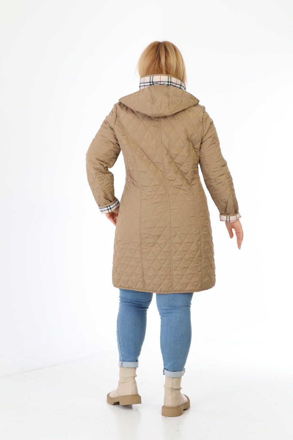 TUTveAL Collection Kadın Uzun Suya Dayanıklı Kapitone Kapüşonlu Kapitone Mont Büyük Beden Kapitone Ekoseli Kapitone görsel 5