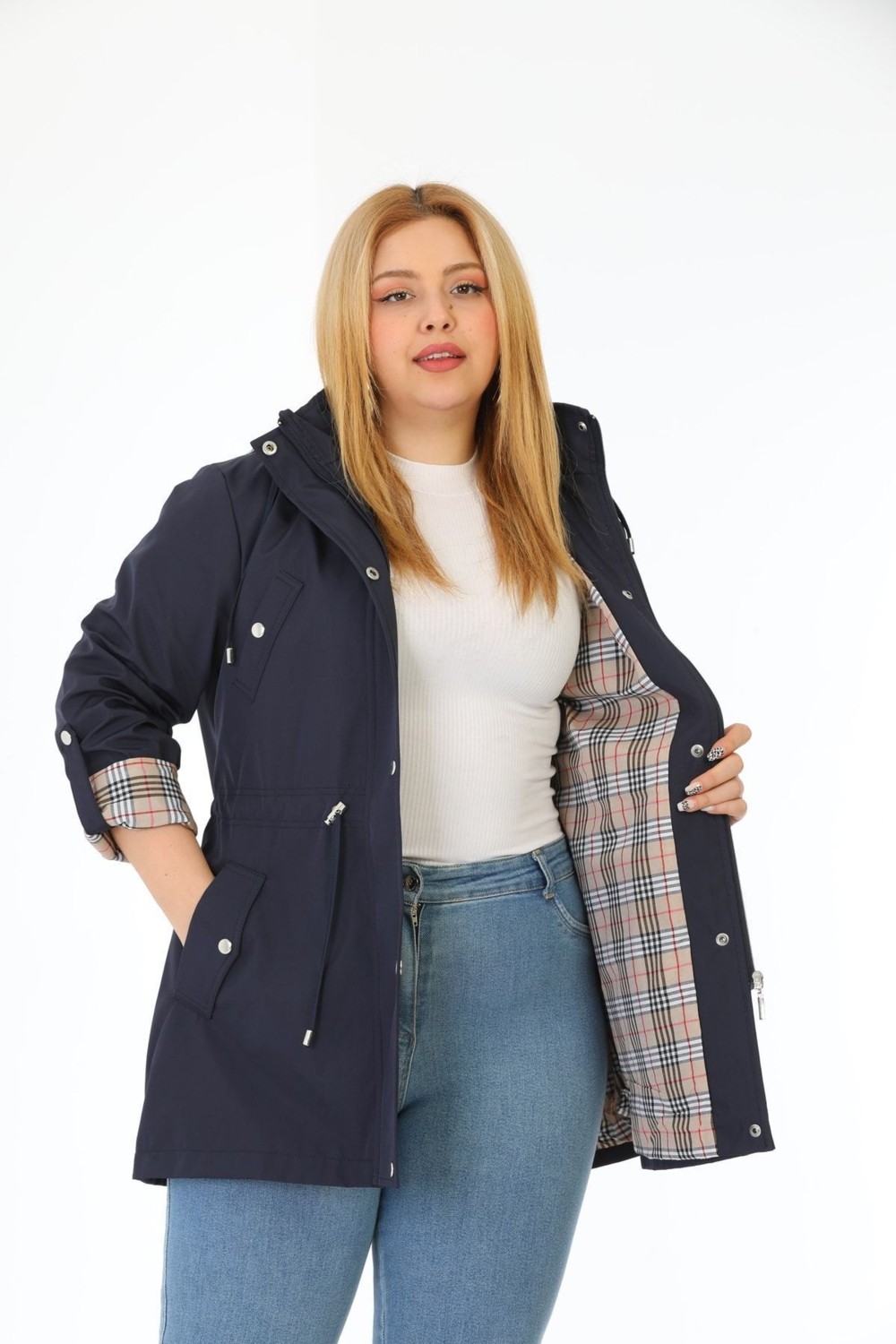 TUTveAL Collection Kadın Suya Dayanıklı Büyük Beden Trençkot Kapüşonlu Ekoseli Haki Trençkot Bonded Kumaş Trençkot