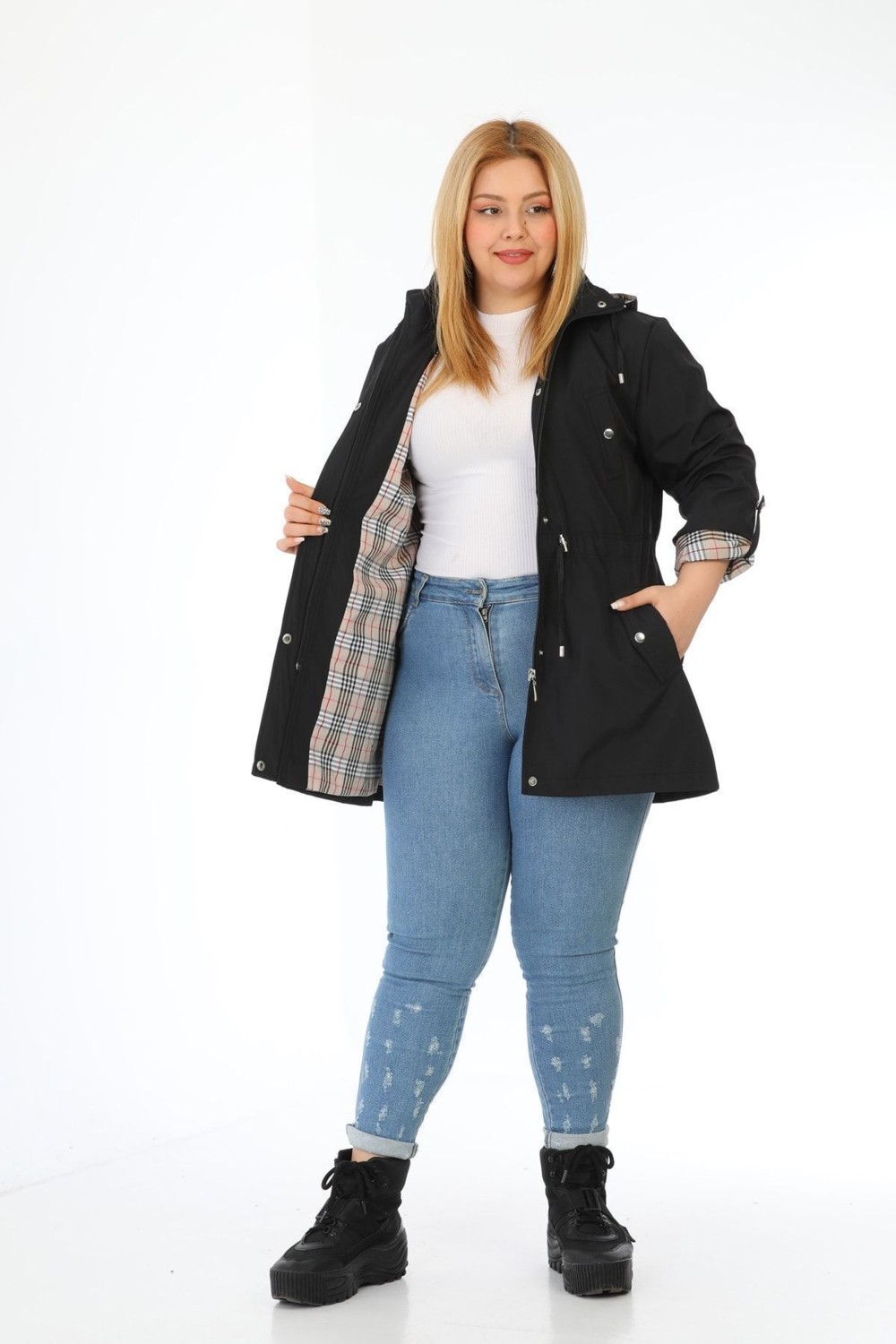 TUTveAL Collection Kadın Suya Dayanıklı Büyük Beden Trençkot Kapüşonlu Ekoseli Haki Trençkot Bonded Kumaş Trençkot