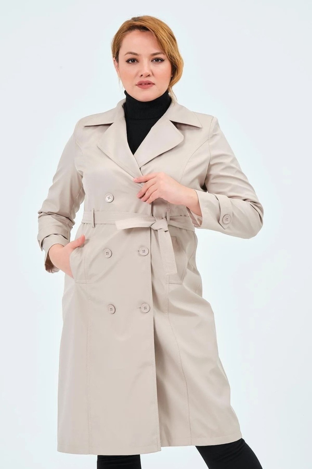 TUTveAL Collection Kadın Suya Dayanıklı Büyük Beden Trençkot Kemerli Uzun Kruvaze Trençkot Bonded Kumaş Astarlı Krem