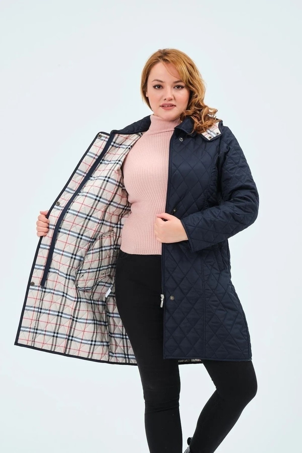 TUTveAL Collection Kadın Uzun Suya Dayanıklı Kapitone Kapüşonlu Kapitone Mont Büyük Beden Kapitone Ekoseli Kapitone