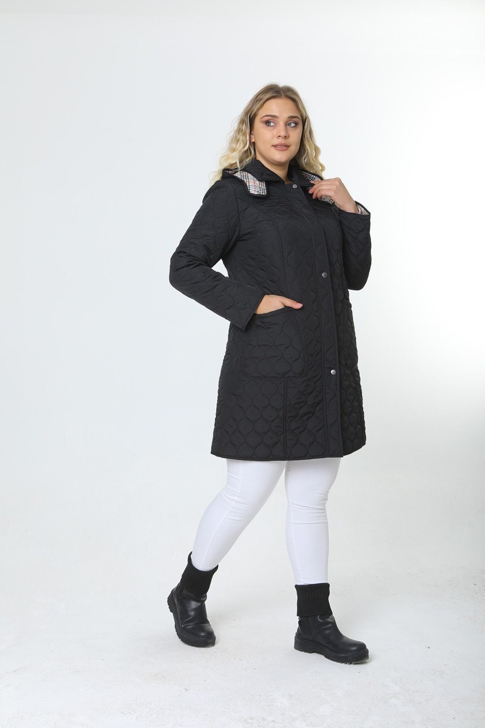 TUTveAL Collection Mevsimlik Kapitone, Su Itici Mont, Ekoseli Mont, Büyük Beden Mont, Lacivert Mont