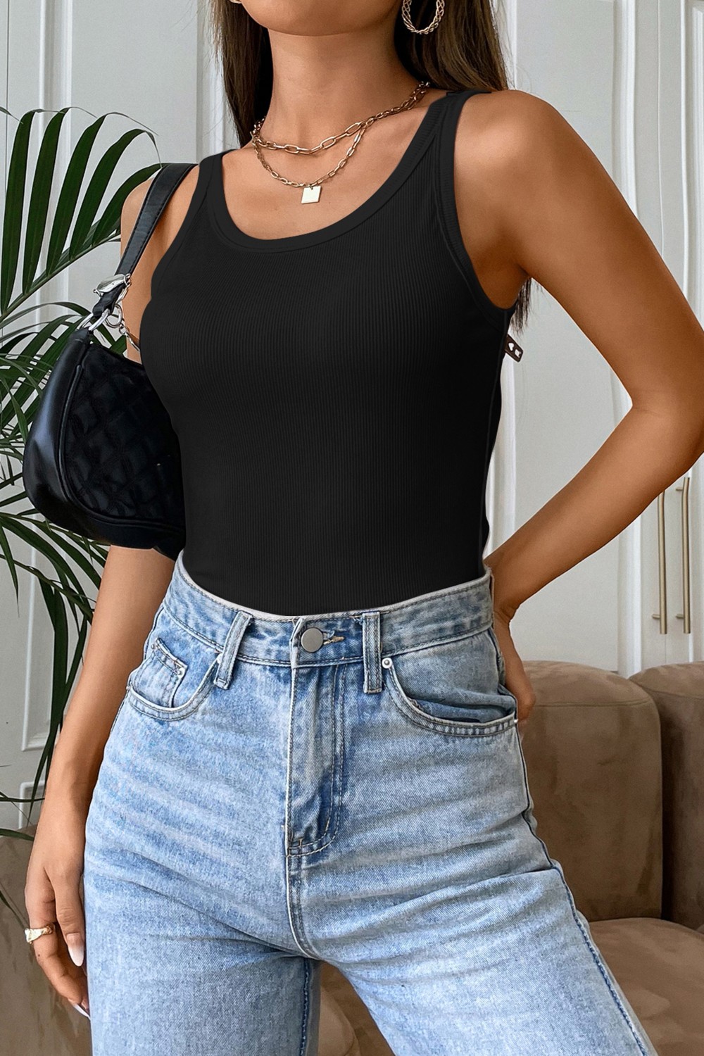 Doktordan Kadın Siyah Kolsuz Kalın Askılı Uzun Crop Top Bluz & Atlet görsel 4