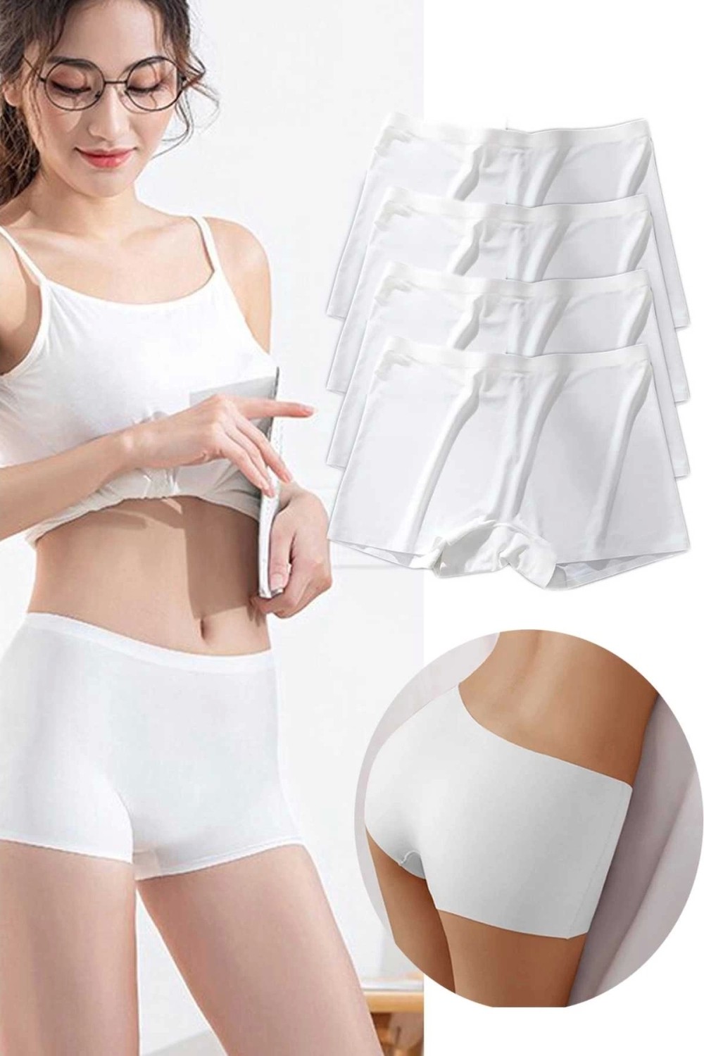 Marsilyan 4 Adet Kadın Dikişsiz Görünmez Iz Yapmaz Mini Şort Boxer Beyaz